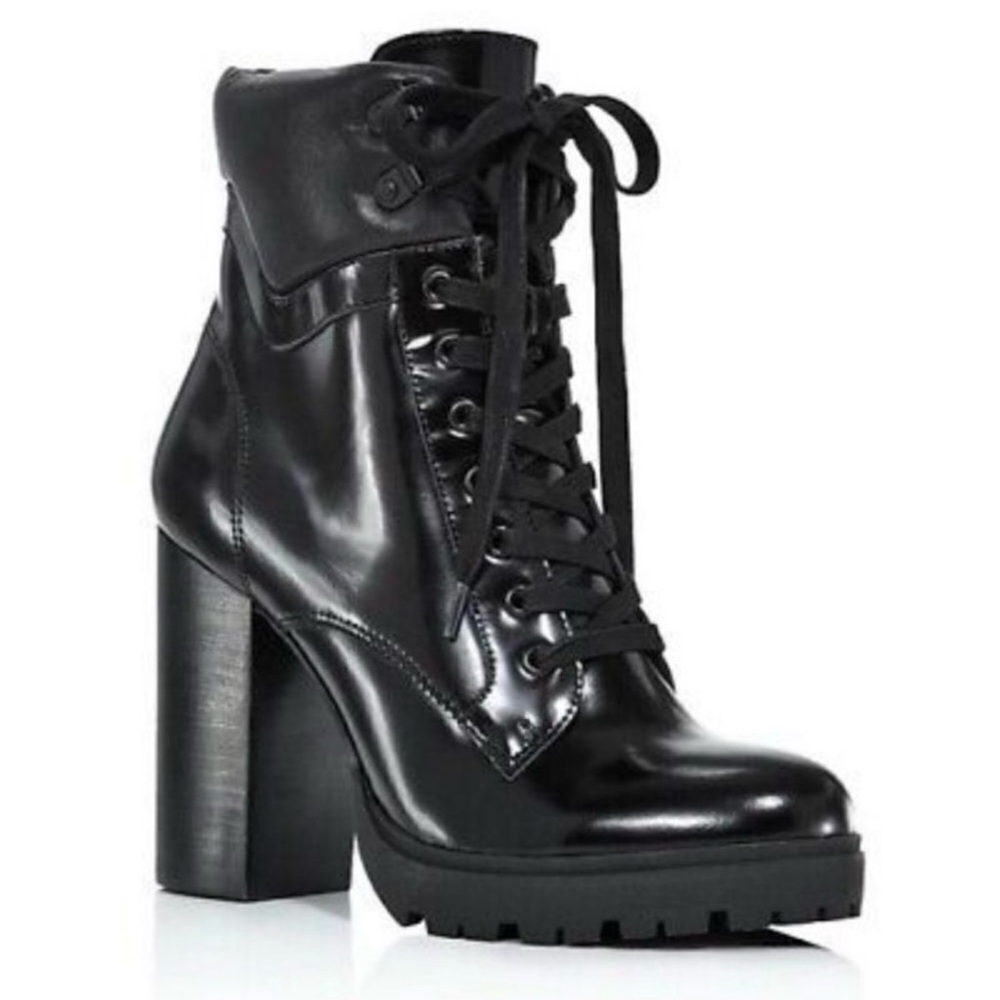 Aqua  Laker Black Leather Moto Hiker Lug Sole Heel Booties